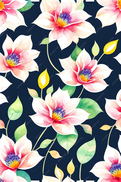 Premium Photo | Watercolor seamless pattern with flowers on a dark blue ...