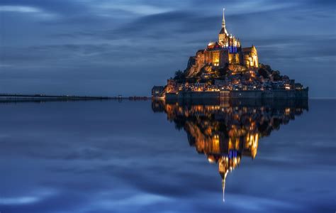 France Monastery Mont Saint Michel Night Reflection Wallpaper ...