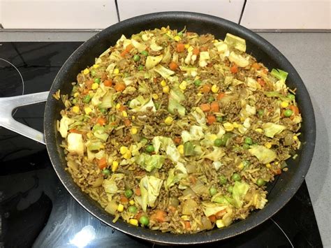 Curried ‘chow mein’ mince with veggies and rice. It’s not the prettiest ...