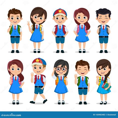 Student Characters Vector Set. School Kids Cartoon Characters Wearing ...