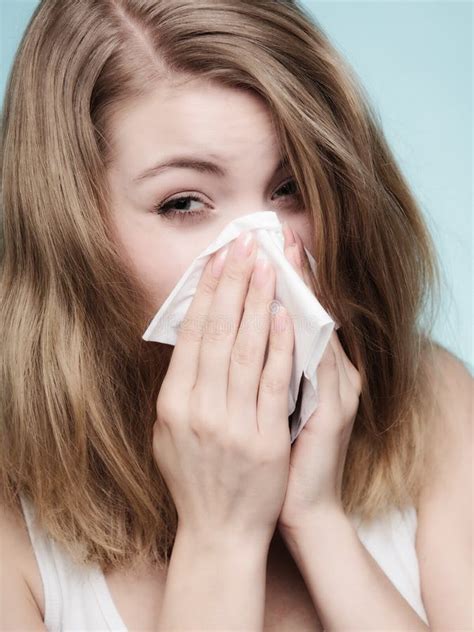 Flu Allergy. Sick Girl Sneezing in Tissue. Health Stock Photo - Image ...