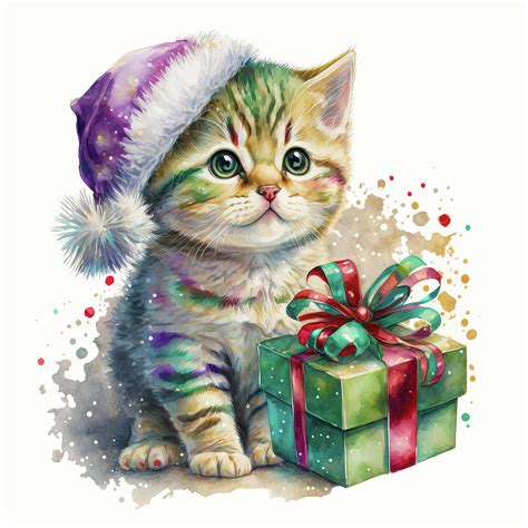 Cute Christmas Cat Watercolor 01 Digital Art by Matthias Hauser - Fine ...