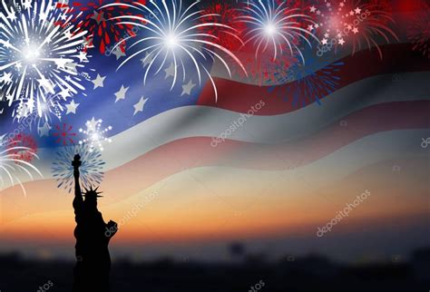 American flag with fireworks at twilight background design for 4 july ...