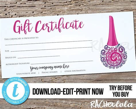 Editable Custom Nail Salon Gift Certificate Printable | Etsy | Gift ...