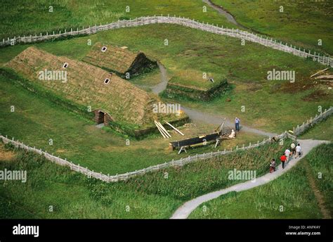 Aerial of L'anse aux meadows, a historic viking settlement ...