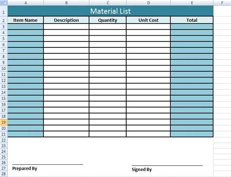 Get Material List Template In Excel