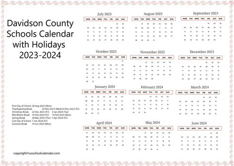 Davidson County Schools Calendar with Holidays 2023-2024