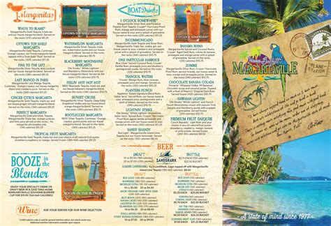 Jimmy Buffett's Margaritaville menu in Hollywood, Florida, USA