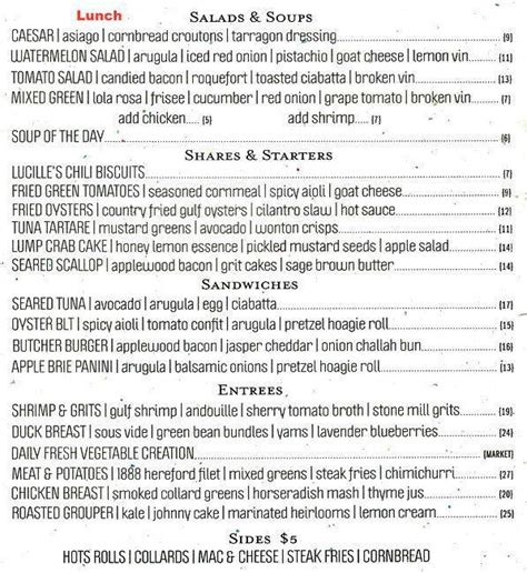 Menu at Lucille's restaurant, Houston