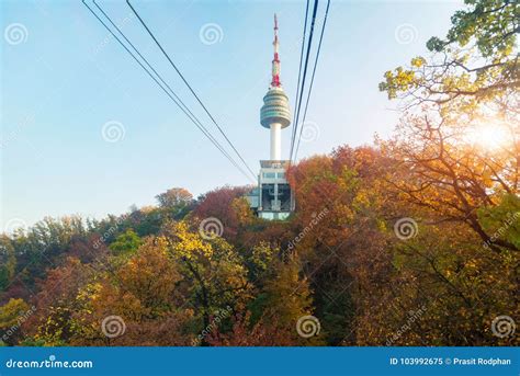 Namsan N Seoul Tower with the Line of Cable Car at the Sunset Ti Stock ...