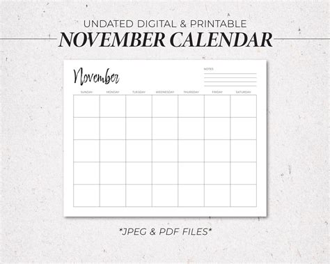 Digital & Printable Blank November Calendar Undated November - Etsy