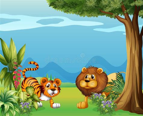 Funny Tiger and Lion Cartoon Stock Illustration - Illustration of cute ...