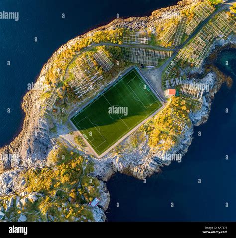 Football field in Henningsvaer from above. Henningsvaer is a fishing ...