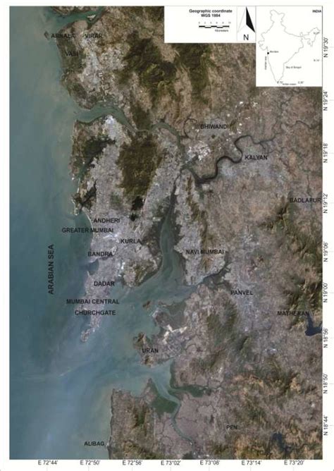 Satellite map of Mumbai Metropolitan Region (MMR) showing major urban ...