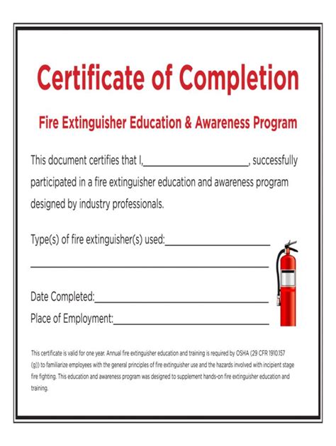 certificate of completion for fire extinguisher education and awareness ...