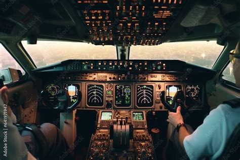 cockpit of a plane with a view of the road and the city Stock ...