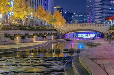 Premium Photo | The night view of Cheonggyecheon in Seoul South Korea