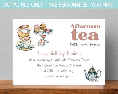 Afternoon Tea Gift Voucher, Birthday Voucher for Friend, Printable ...