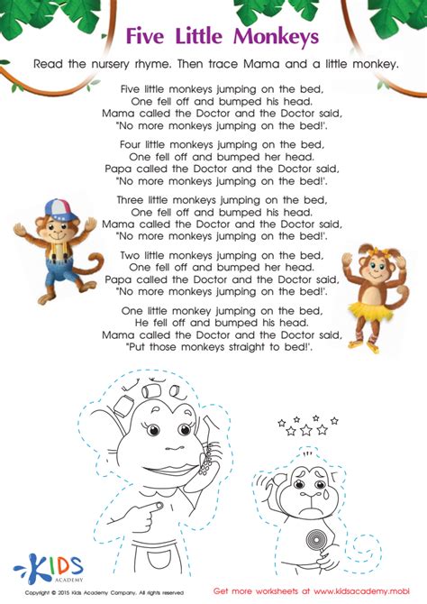 The Five Little Monkeys Nursery Rhyme Worksheet: Free Printable PDF for ...