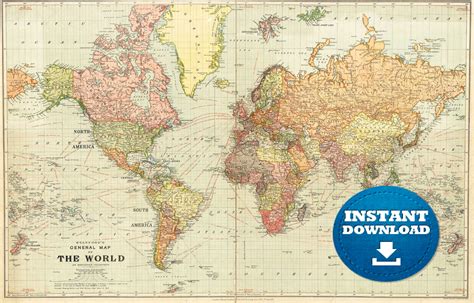 Digital Vintage Flair World Map Art, Printable Download Map, Vintage ...