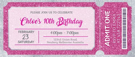 PINK birthday invitation Ticket Pink Glitter Birthday | Etsy