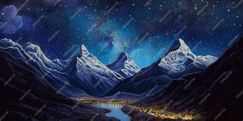 Premium AI Image | A starry night sky over a snowy mountain range.