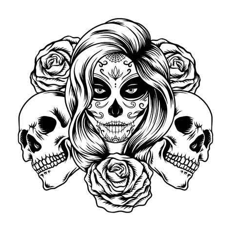 Illustration of lady sugar skull with roses 12951010 Vector Art at Vecteezy