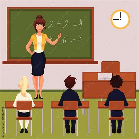 Teacher and pupils in classroom cartoon vector illustration. Classroom ...