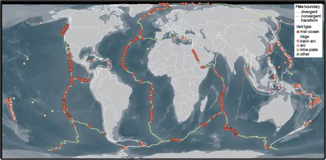 Locations of hydrothermal vents today (confirmed and inferred ...