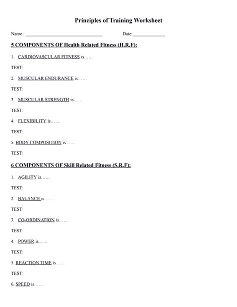 Fitt principle worksheet - Principles of Training Worksheet Name ...