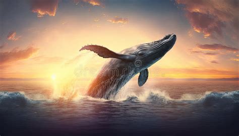 Jumping Humpback Whale Over the Water. Sunset Background. Photo ...