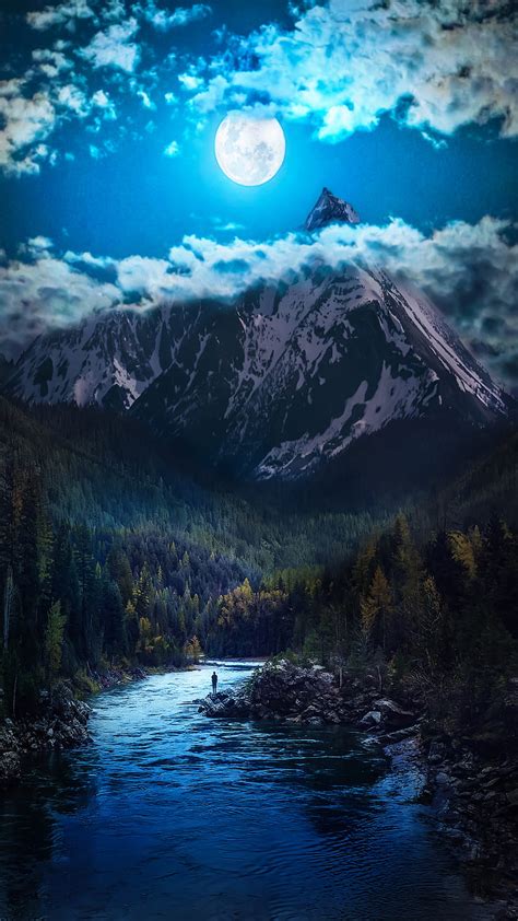 Night, alone, moon, mountain, mypic, tree, HD phone wallpaper | Peakpx