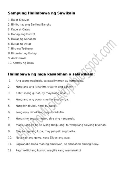 Mga Halimbawa NG Sawikain, Salawikain at Kasabihan | PDF