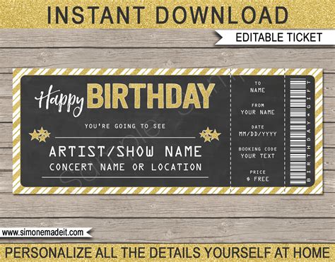 Printable Concert Ticket Template | Birthday Gift Voucher | Editable Text