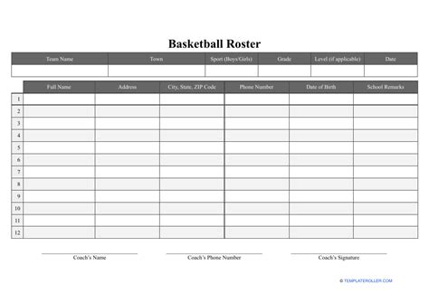 Basketball Roster Template Download Printable PDF | Templateroller