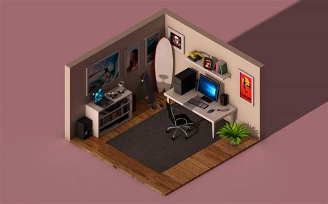 an overhead view of a room with a surfboard on the wall and computer desk