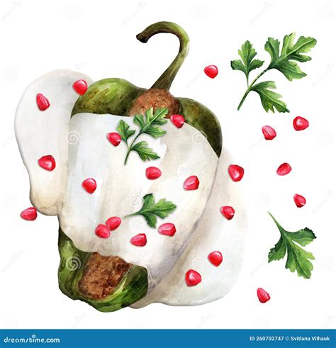 Watercolor Chile En Nogada on a White Background Stock Illustration ...