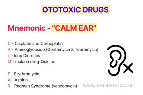 Ototoxic Drugs - Mnemonic (CALM EAR)