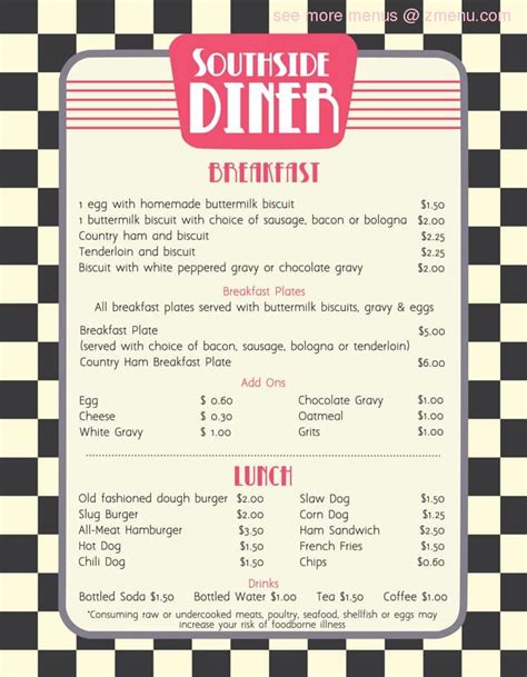 Menu at Southside Diner restaurant, Booneville