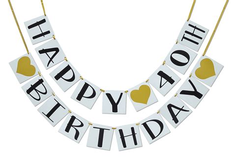 Happy 40th Birthday Banner, Gold Hearts and Ribbon, Birthday ...