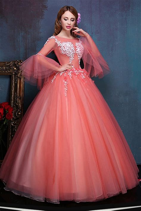 Ball Gown Illusion Neckline Flare Sleeve Coral Tulle Corset Prom Dress