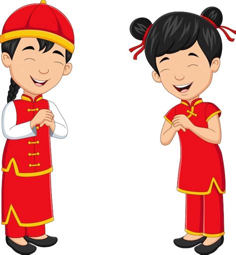 Niños chinos de dibujos animados con traje tradicional chino | Vector ...