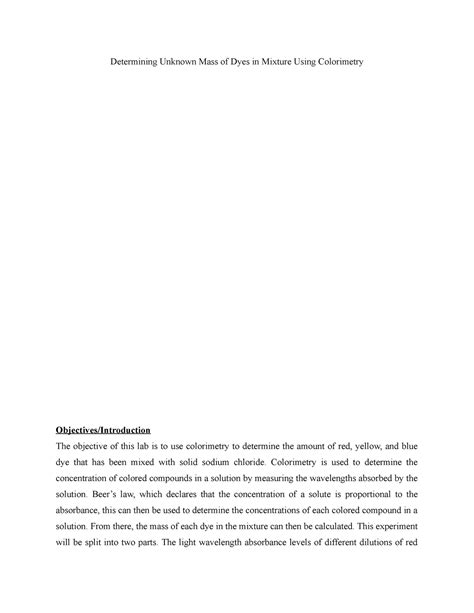 Colorimetry - lab report - Determining Unknown Mass of Dyes in Mixture ...