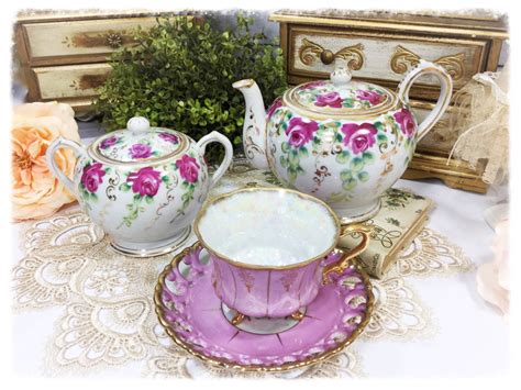 3 Piece Pink Floral English Teapot Set, Teapot, Creamer & Covered Sugar ...