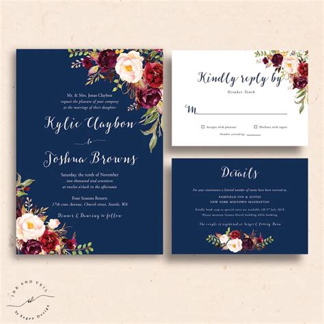 Navy Floral Wedding Invitations, Navy Wedding Invite, Marsala Burgundy ...