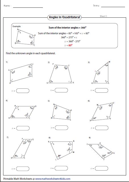 Missing angles in a quadrilateral. | Angles worksheet, Quadrilaterals ...