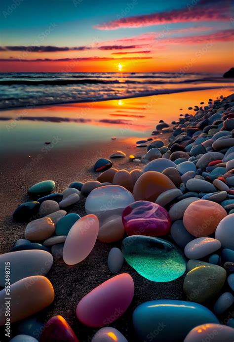 Beautiful seascape with transparent stone at the beach, sunset, closeup ...