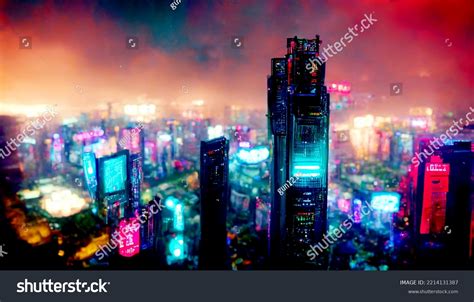 Futuristic Cyberpunk City Full Neon Lights Stock Illustration ...