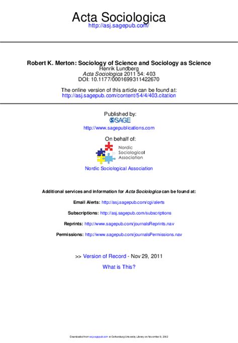 (PDF) Robert K. Merton: Sociology of Science and Sociology as Science ...