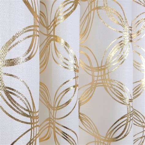 Premium Textured Weave White Gold Metallic Geometric Link Curtains ...